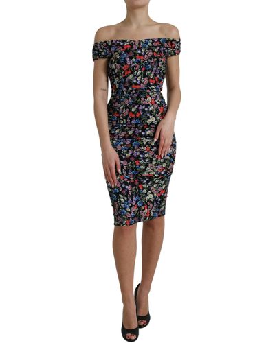 Dolce & Gabbana Multicolour Floral Sheath Off Shoulder Dress - Black