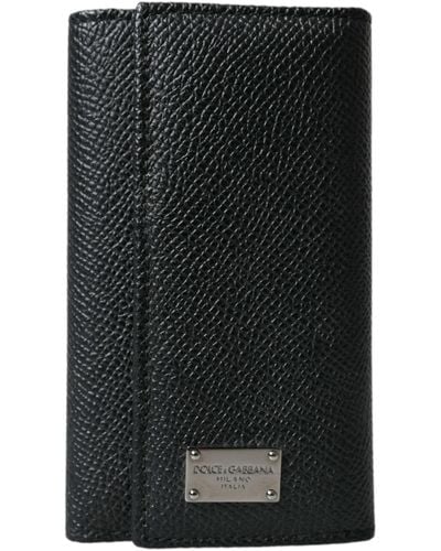Dolce & Gabbana Calf Leather Logo Plaque Trifold Keyring Key Holder - Black
