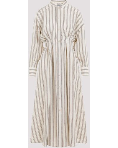 Max Mara White Brown Striped Linen Long Dress - Natural
