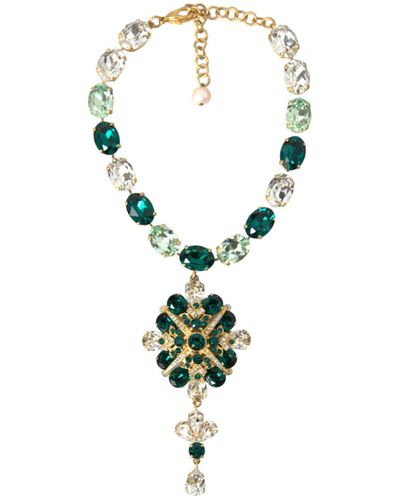 Dolce & Gabbana Brass Crystal Strass Embellished Collar Necklace - Green
