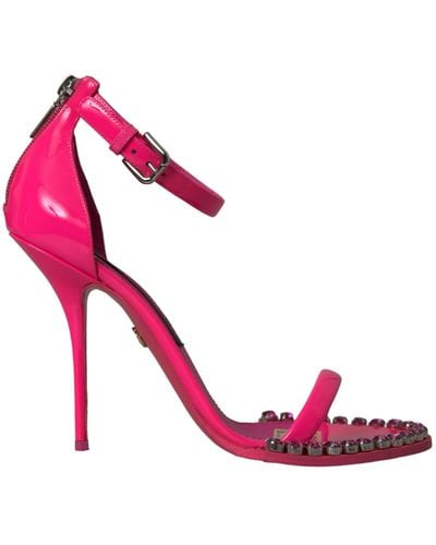 Dolce & Gabbana Leather Crystal Heels Sandals Shoes - Pink