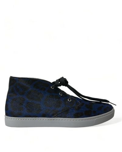 Dolce & Gabbana Blue Calfskin Leopard Mid Top Trainers Shoes