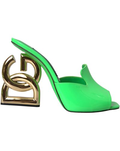 Dolce & Gabbana Neon Leather Logo Heels Sandals Shoes - Green