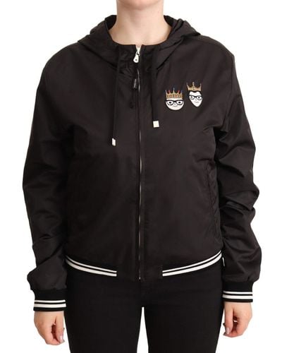 Dolce & Gabbana Black Bomber Jacket With Elastic Cuffs And Deep Hood