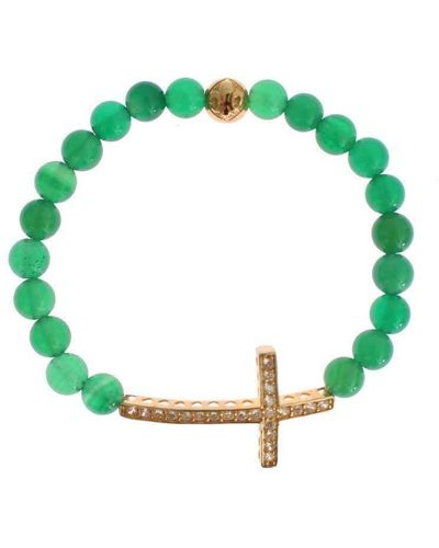Nialaya Jade Stone Gold Cz Cross 925 Silver Bracelet - Green