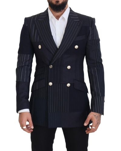 Dolce & Gabbana Wool Patchwork Double Breasted Blazer - Blue