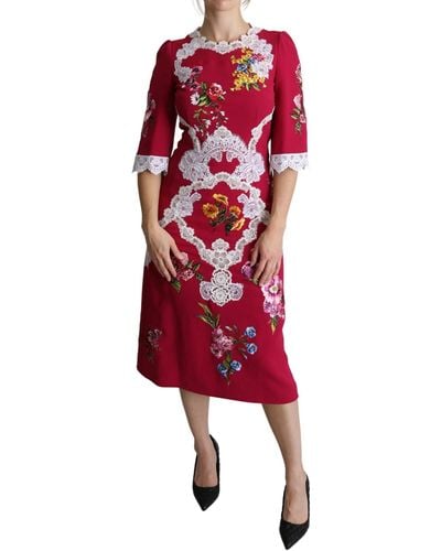 Dolce & Gabbana Floral Embroide Sheath Midi Dress - Red