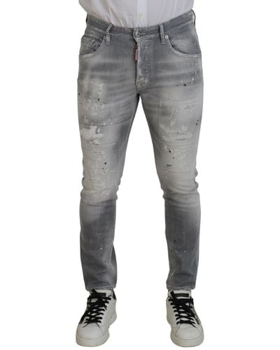 DSquared² Gray Washed Cotton Slim Fit Casual Men Denim Jeans