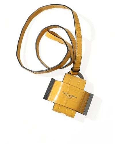 Dolce & Gabbana Yellow Crocodile Leather Logo Print Lanyard Keychain - Metallic