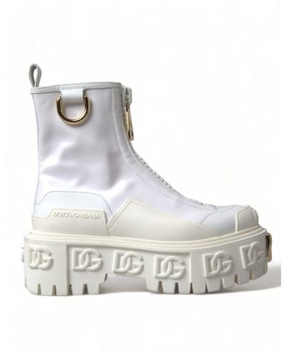 Dolce & Gabbana White Leather Logo Plaque Zip Ankle Boots Shoes - Metallic