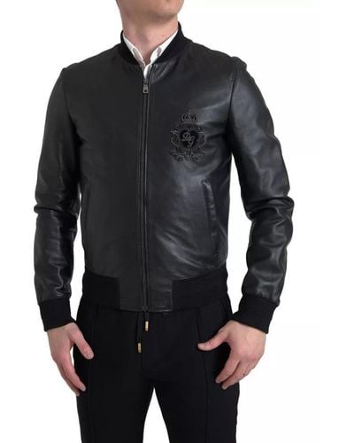 Dolce & Gabbana Black Leather Logo Embroidery Full Zip Jacket