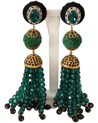 Dolce & Gabbana Green Crystals Gold Tone Drop Clip-on Dangle Earrings Viscose