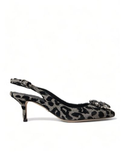 Dolce & Gabbana Silver Leopard Crystal Slingback Pumps Shoes - Black