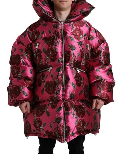 Dolce & Gabbana Pink Roses Pattern Hooded Padded Zip Jacket - Red