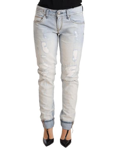 Acht Light Blue Distressed Cotton Folded Hem Denim Trouser Jeans - White
