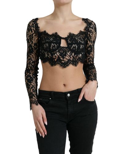 Dolce & Gabbana Black Nylon Floral Lace Bustier Cropped Top