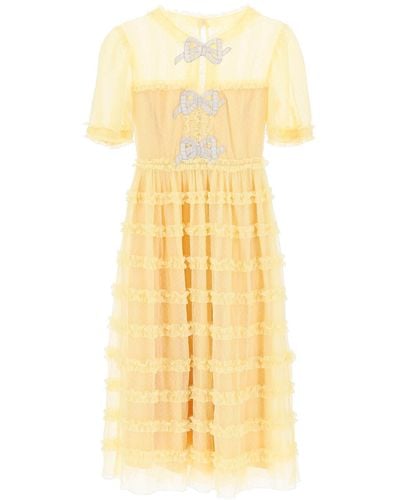 Saloni "camille Lace Dress With Beaded Bow Accents - Yellow