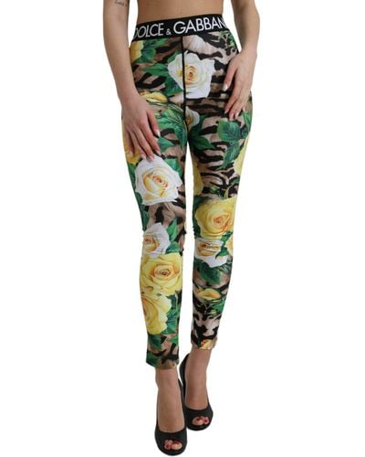 Dolce & Gabbana Multicolor Floral High Waist Leggings Pants - Green