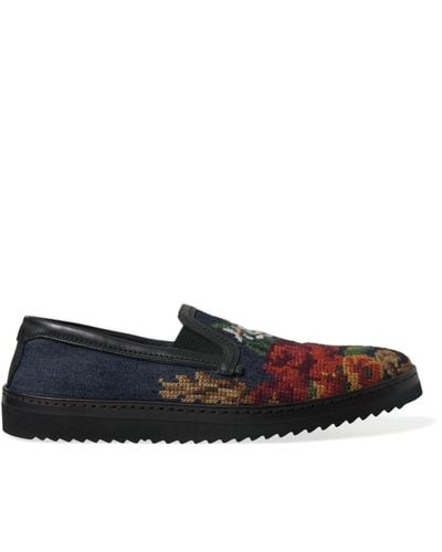 Dolce & Gabbana Multicolour Floral Slippers Men Loafers Shoes - Black