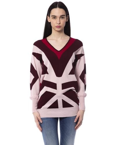 Byblos Burgundy Oversized Wool V-Neck Sweater - Multicolor
