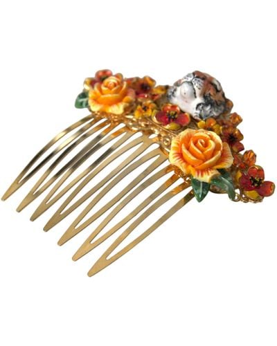 Dolce & Gabbana Brass Crystal Leopard Floral Hair Comb - Metallic