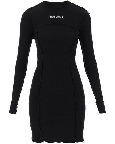 Palm Angels Long-sleeved Mini Dress In Ribbed Jersey - Black