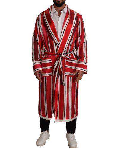 Dolce & Gabbana Red White Striped Silk Night Gown Robe