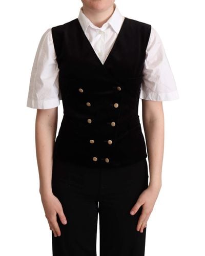 Dolce & Gabbana Black Beige Velvet Waistcoat Vest