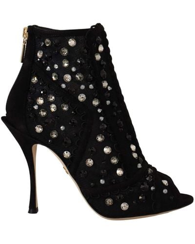 Dolce & Gabbana Crystals Heels Zipper Short Boots Shoes - Black