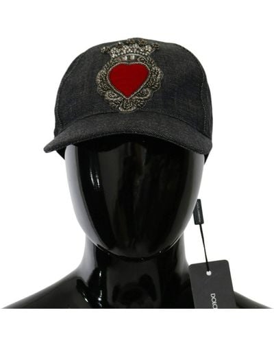 Dolce & Gabbana Red Crystal Heart Baseball Cap Cotton Hat - Black