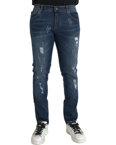 Dolce & Gabbana Distressed Cotton Skinny Denim Jeans - Blue