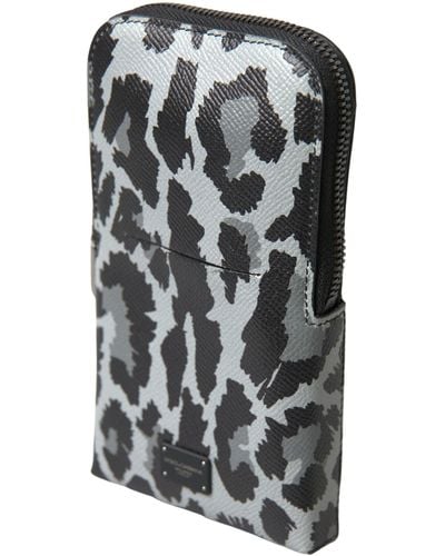 Dolce & Gabbana Gray Leopard Leather Men Purse Crossbody Sling Phone Bag - Black