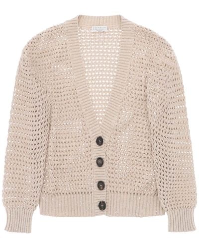 Brunello Cucinelli Knit Cardigan With A Mesh Design - Natural
