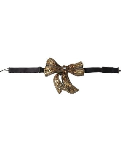 Dolce & Gabbana Gold Crystal Beaded Sequined Silk Catwalk Necklace Bowtie - Black