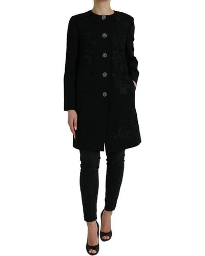 Dolce & Gabbana Elegant Floral Buttoned Wool Trench Coat - Black