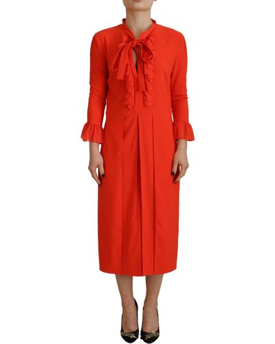 DSquared² Red Polyester Long Sleeves Pleated Midi Dress