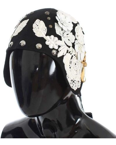 Dolce & Gabbana Wool White Floral Gold Leaf Hat - Black