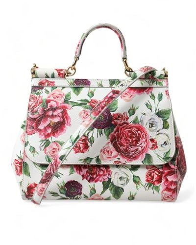 Dolce & Gabbana White Floral Leather Top Handle Shoulder Satchel Sicily Bag - Red