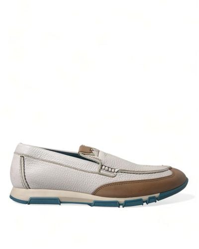 Dolce & Gabbana Brown Leather Slip On Moccasin Shoes - White