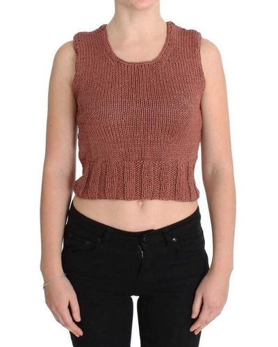 Pink Memories Cotton Blend Knitted Sleeveless Sweater - Red