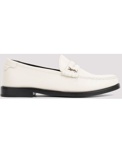Saint Laurent Pearl Leather Loafers With Logo - White