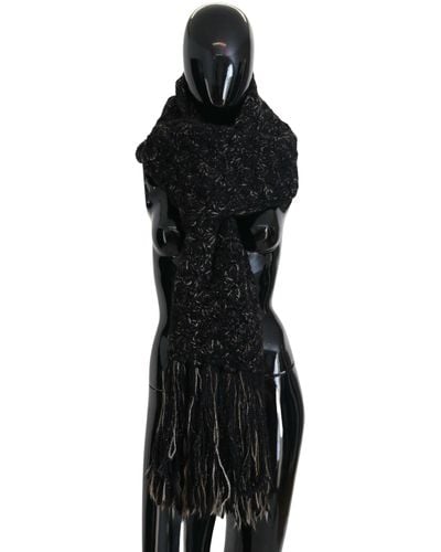 Dolce & Gabbana Black Wool Knitted Wrap Foulard Fringe Scarf