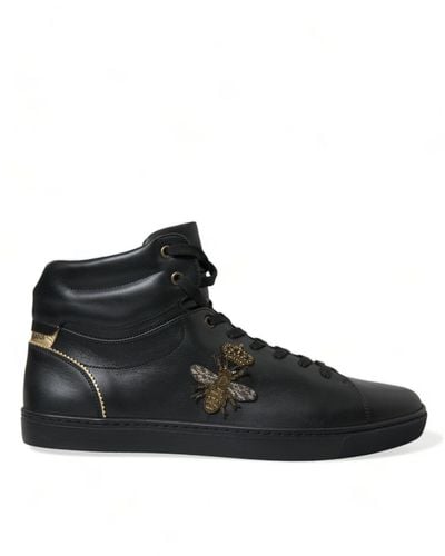 Dolce & Gabbana Crown Bee Logo Mid Top Portofino Sneakers Shoes - Black