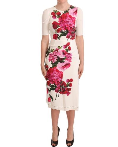Dolce & Gabbana Dolce Gabbana White Floral Printed Crepe Midi Slit Dress - Red