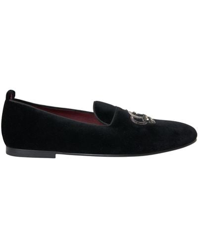 Dolce & Gabbana Velvet Crystal Crown Loafers Shoes - Black