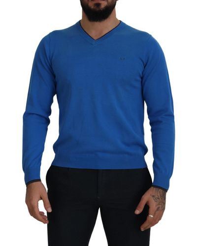 Sun 68 Blue Cotton V-neck Knittedpullover Sweater