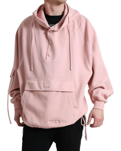 Dolce & Gabbana Pink Cotton Hooded Pockets Pullover Jumper