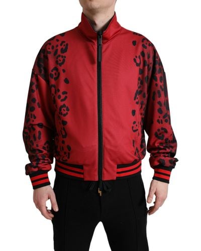 Dolce & Gabbana Leopard Polyester Bomber Full Zip Jacket - Red