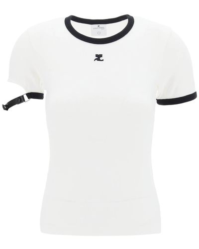 Courreges Leather Strap T Shirt With Sleeve Detail - White