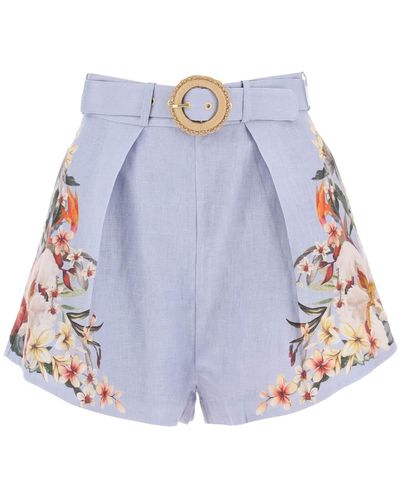 Zimmermann Lexi Tuck Linen Shorts With Floral Motif - Blue